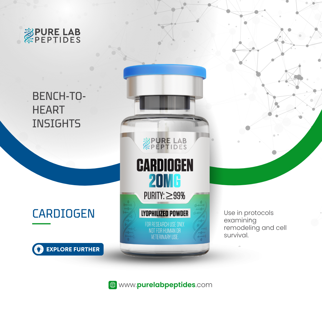 Cardiogen_20mg_7 A clear glass vial labeled 'Cardiogen 20mg' with a blue cap, showing a purity level of over 99%. The background features abstract, network-like patterns and includes text stating 'Pure Lab Peptides,' 'Bench-to-Heart Insights,' and a note about research use only.