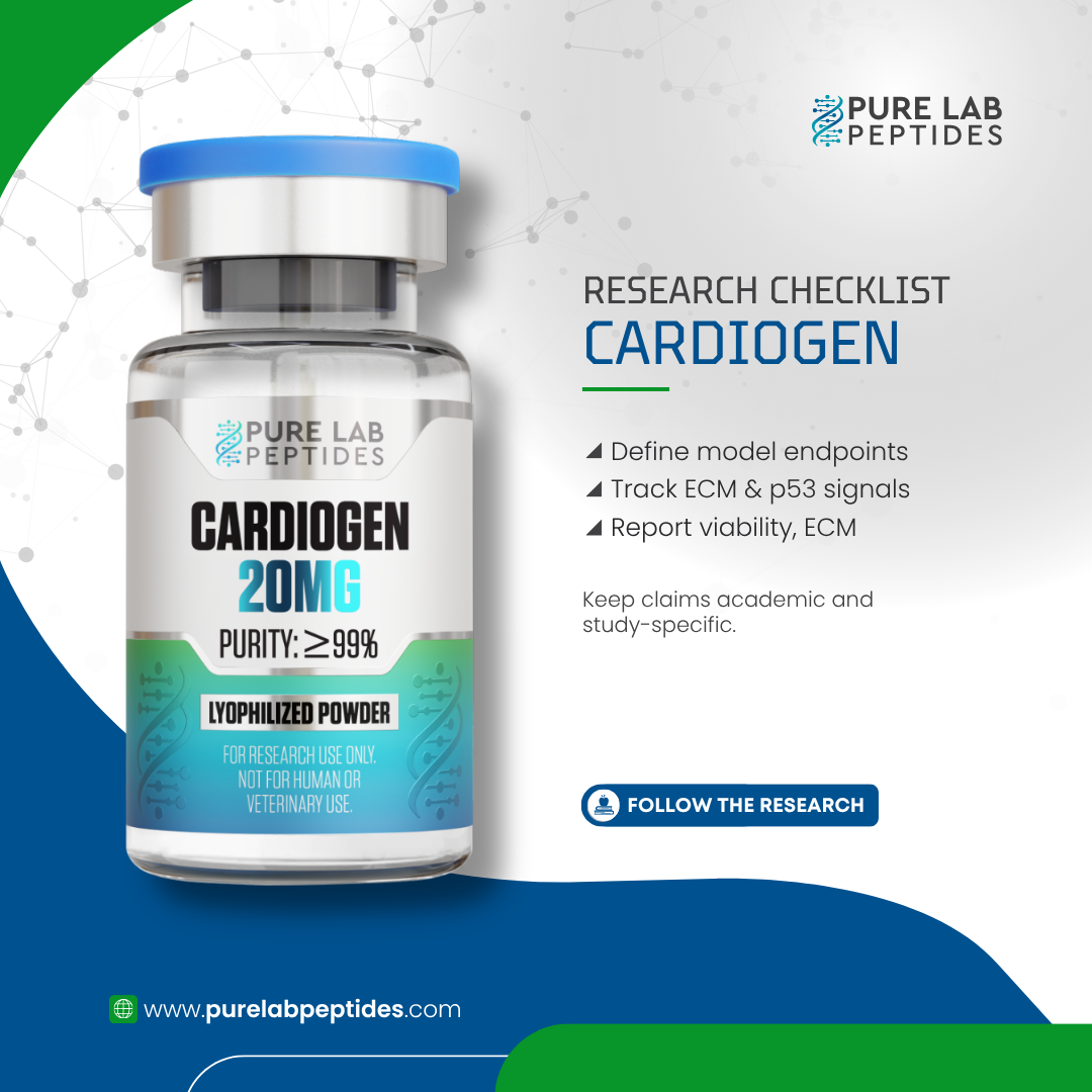 Cardiogen_20mg_9 A vial labeled 'Cardiogen 20mg' with a blue lid and a purity indication of '≥99%'. The background includes a green and blue gradient with scientific patterns. A checklist outlines research guidelines: 'Define model endpoints', 'Track ECM & p53 signals', and 'Report viability, ECM'. The text emphasizes to keep claims academic and study-specific.
