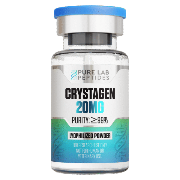 A clear vial containing a product labeled 'CRYSTAGEN 20MG' with a blue lid, indicating a purity of 99% and describing it as lyophilized powder for research use only, not for human or veterinary use.