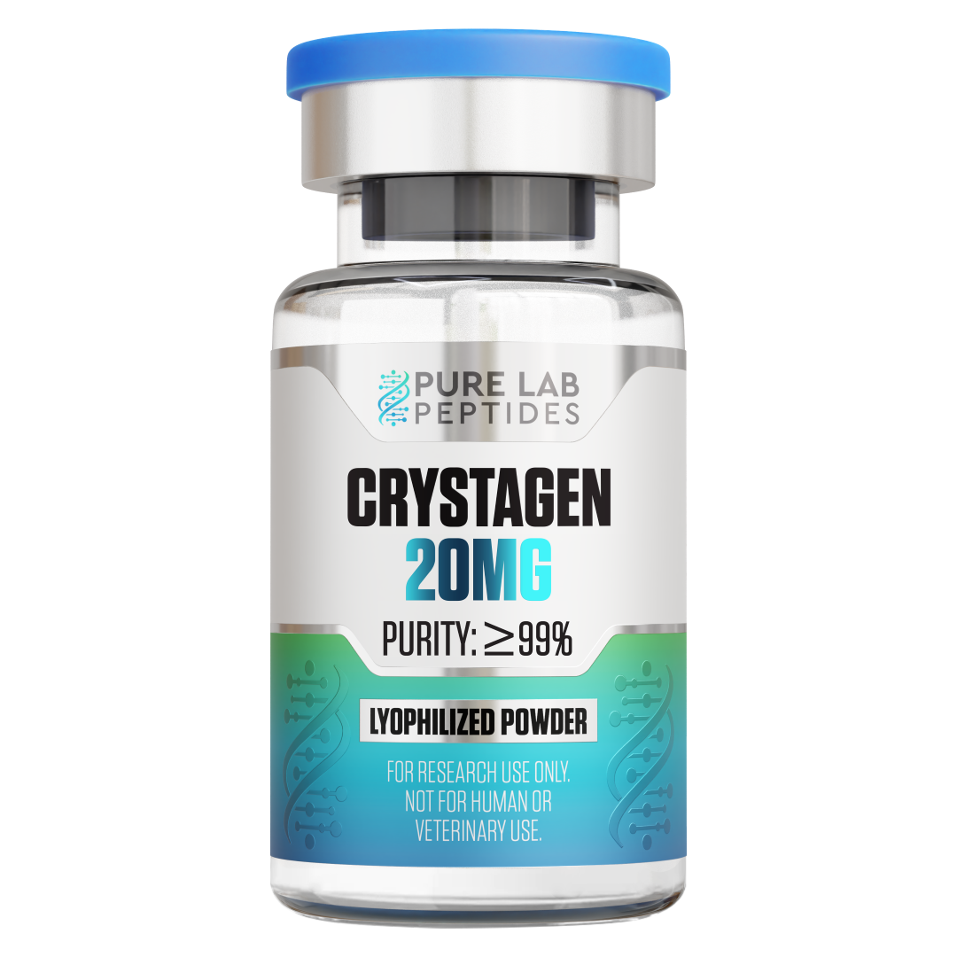 Crystagen-20mg A clear vial containing a product labeled 'CRYSTAGEN 20MG' with a blue lid, indicating a purity of 99% and describing it as lyophilized powder for research use only, not for human or veterinary use.