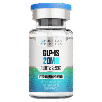 A clear vial labeled 'GLP-1S 20MG' containing lyophilized powder, with a blue cap and markings indicating a purity of 99% and a note that it is for research use only.