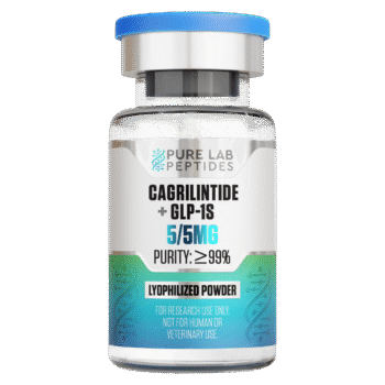 A vial labeled 'CagriLintide + GLP-1S' containing 5/5mg of lyophilized powder, with a purity of over 99%, from Pure Lab Peptides, marked for research use only, not for human or veterinary use.