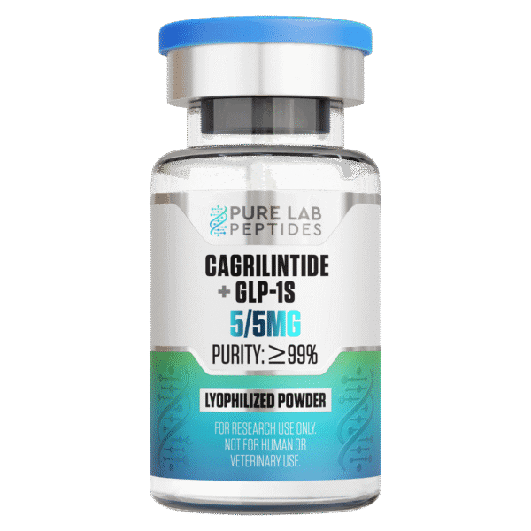 A vial labeled 'CagriLintide + GLP-1S' containing 5/5mg of lyophilized powder, with a purity of over 99%, from Pure Lab Peptides, marked for research use only, not for human or veterinary use.