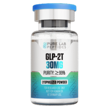 A clear vial labeled 'GLP-2T 30MG' with a blue cap, indicating a purity of 99% and containing lyophilized powder, marked for research use only and not for human or veterinary use.
