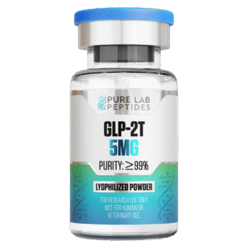 A clear vial labeled 'GLP-2T 5MG' containing a lyophilized powder, with a purity of 99% and branding for 'Pure Lab Peptides', indicating it is for research use only and not for human or veterinary use.
