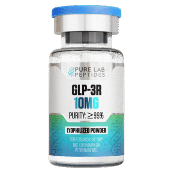 A glass vial labeled 'GLP-3R 10MG' with a blue cap, indicating a purity of ≥99%. The label also states 'lyophilized powder' and 'for research use only, not for human or veterinary use.'