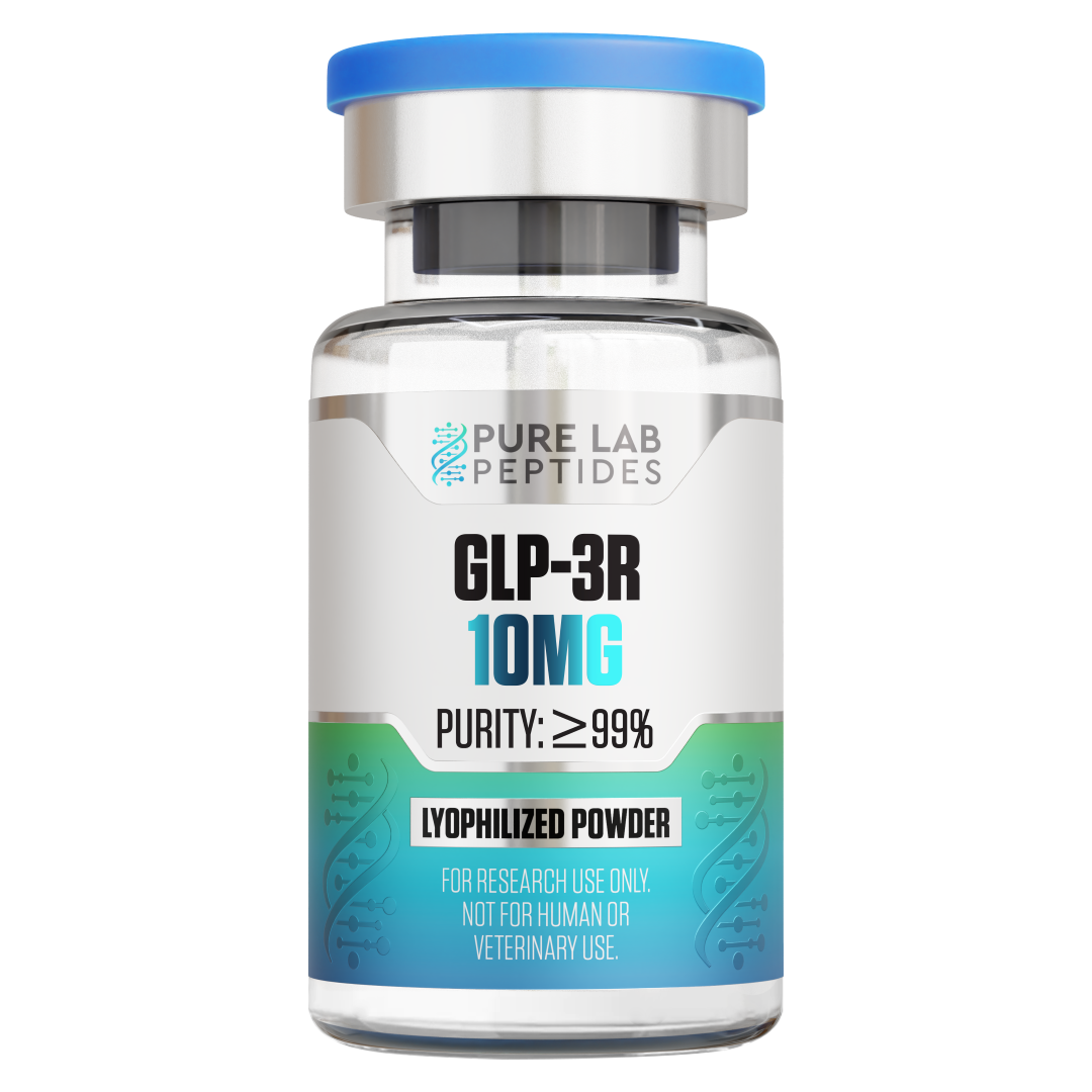 GLP-3R 10mg A glass vial labeled 'GLP-3R 10MG' with a blue cap, indicating a purity of ≥99%. The label also states 'lyophilized powder' and 'for research use only, not for human or veterinary use.'