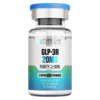 A transparent vial containing GLP-3R peptide labeled with '20MG' and 'Purity: ≥99%'. The vial is capped with a blue lid and features a gradient background design in green and blue, along with the text 'Lyophilized Powder' and 'For research use only. Not for human or veterinary use.' from Pure Lab Peptides.
