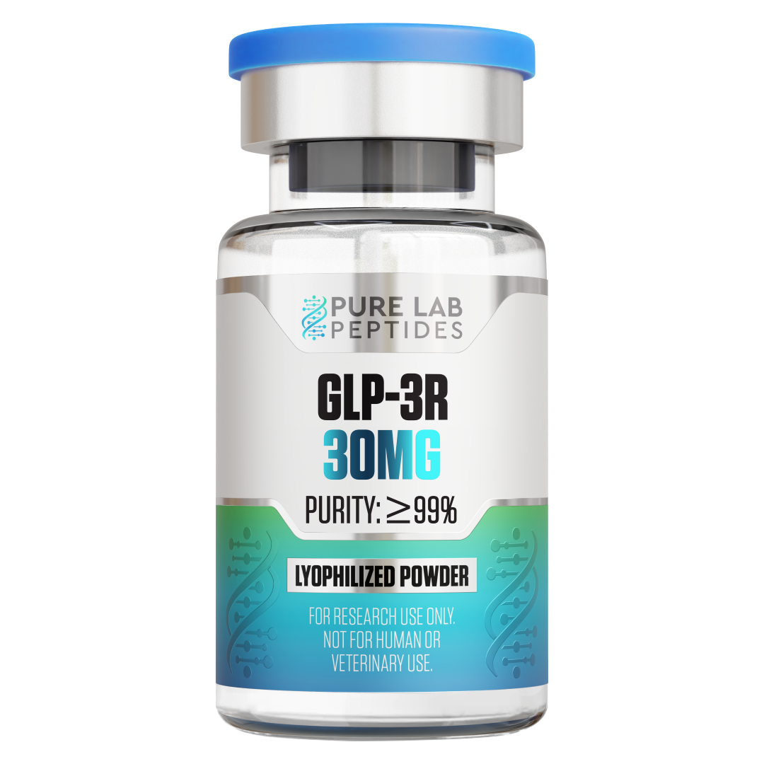 GLP-3R 30mg A vial labeled 'GLP-3R 30MG' from Pure Lab Peptides, indicating a purity of 99% and containing lyophilized powder, with a warning for research use only, not for human or veterinary use.
