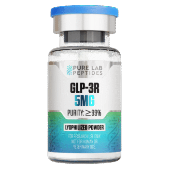 A clear glass vial containing GLP-3R peptide, labeled '5MG' with a purity of '≥99%'. The label indicates it is a lyophilized powder intended for research use only, not for human or veterinary use. The vial has a blue top and a modern design.