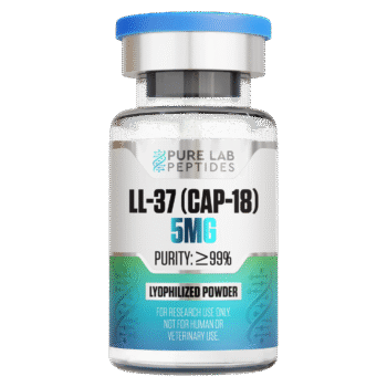 A clear glass vial with a blue cap containing 5 mg of lyophilized powder labeled LL-37 (CAP-18), indicating a purity of 99% or higher, marked for research use only and not for human or veterinary use.