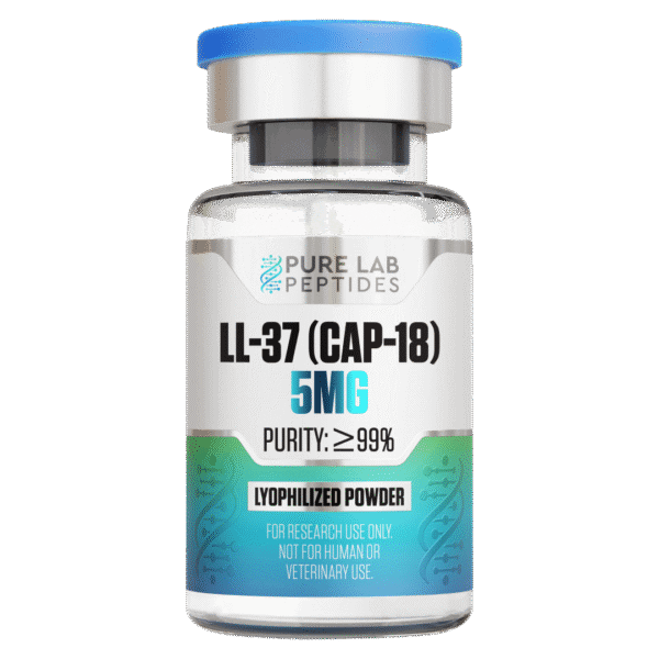 A clear glass vial with a blue cap containing 5 mg of lyophilized powder labeled LL-37 (CAP-18), indicating a purity of 99% or higher, marked for research use only and not for human or veterinary use.