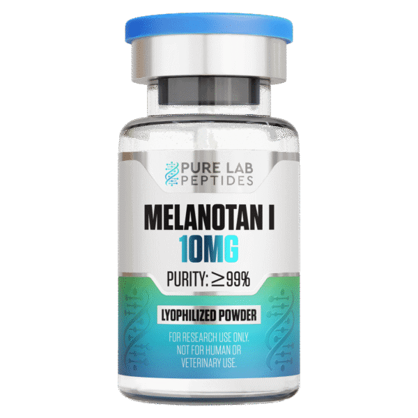 A clear glass vial with a blue cap, labeled 'MELANOTAN I 10MG' and 'PURITY: ≥99%'. The vial contains lyophilized powder with a design featuring molecular structures and a note stating 'FOR RESEARCH USE ONLY. NOT FOR HUMAN OR VETERINARY USE.'