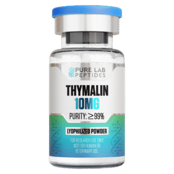 A clear glass vial labeled 'Thymalin 10mg' with a blue cap, stating 'Purity: ≥99%' and 'Lyophilized Powder,' indicating it's for research use only.