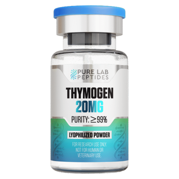 A vial labeled 'Thymogen 20MG' containing lyophilized powder with a purity of 99% or greater. The vial has a blue cap and a design featuring DNA strands, with the warning 'For research use only. Not for human or veterinary use.'