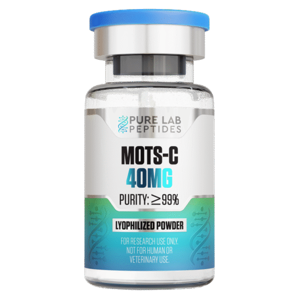 A vial labeled 'MOTS-C 40MG' containing a lyophilized powder, showcasing a clear design with a blue cap and information about its purity and research use only.