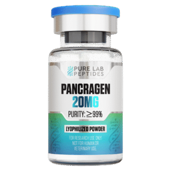 A clear vial of Pancragen, containing 20mg of lyophilized powder with a purity of at least 99%. The label indicates it's for research use only and not for human or veterinary use, with a design featuring a blue top and turquoise gradient elements.