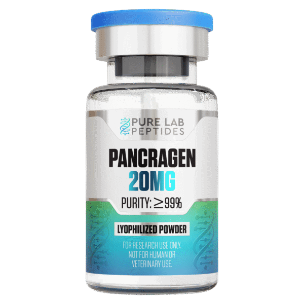 A clear vial of Pancragen, containing 20mg of lyophilized powder with a purity of at least 99%. The label indicates it's for research use only and not for human or veterinary use, with a design featuring a blue top and turquoise gradient elements.