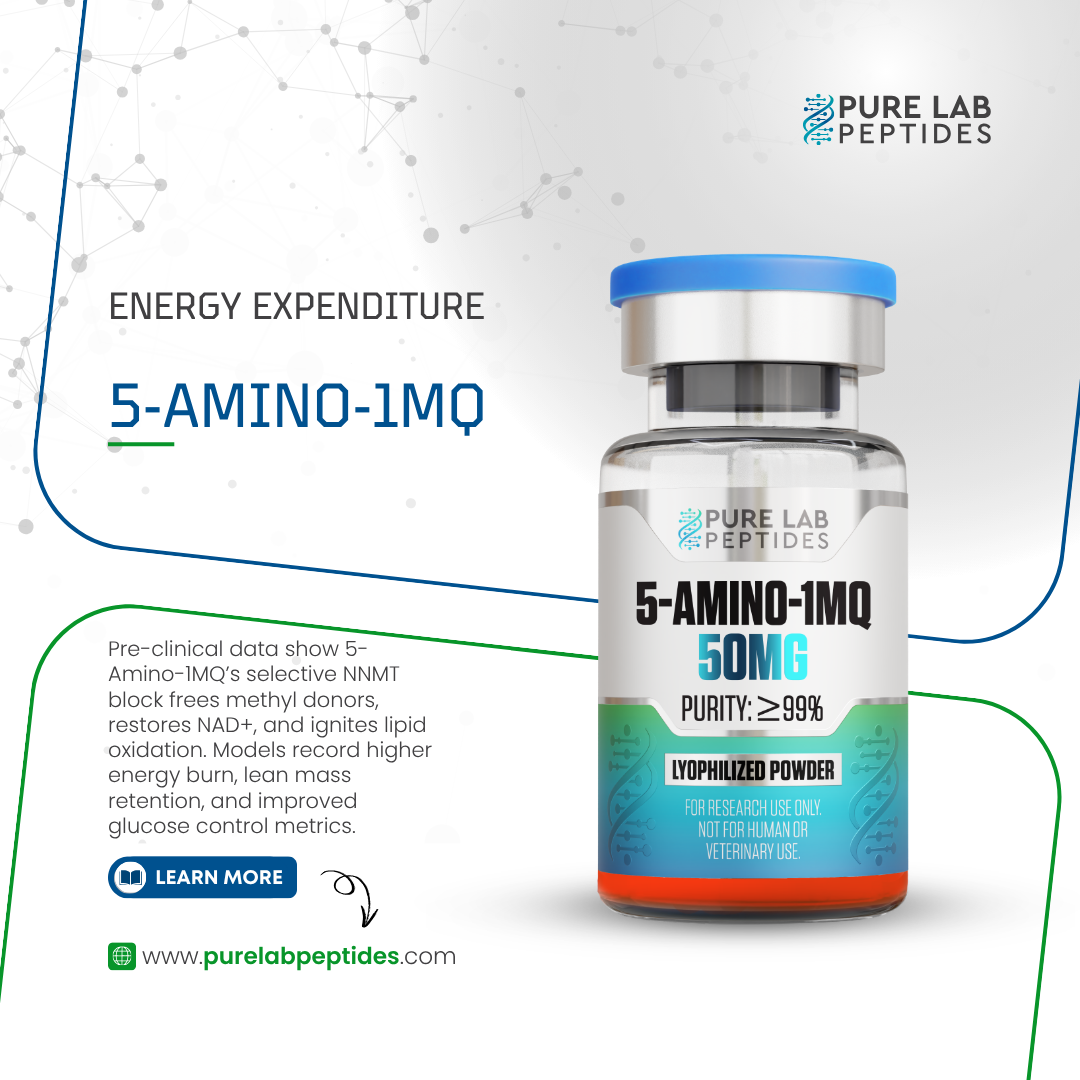 5-Amino_1MQ_50mg_3 A product advertisement for 5-Amino-1MQ, featuring a vial labeled with its name, dosage of 50mg, and purity over 99%. The background includes scientific graphics and text highlights explaining its energy expenditure benefits, including functions related to methyl donors, NAD+ restoration, and lipid oxidation. A 'Learn More' button and website link are also visible.