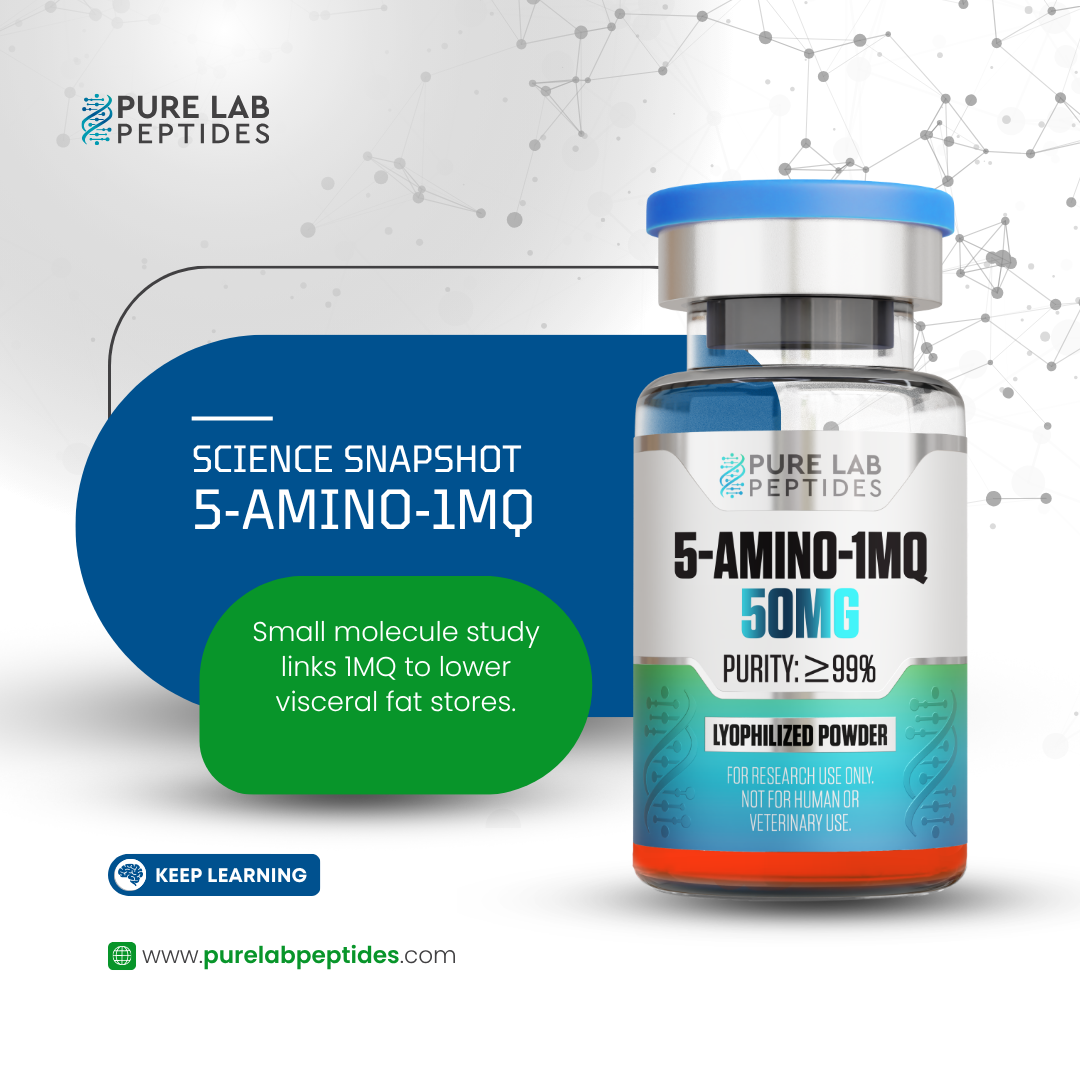 5-Amino_1MQ_50mg_6 A vial labeled '5-AMINO-1MQ 50MG' with a blue cap, showcasing a scientific snapshot. The background features geometric shapes and the 'PURE LAB PEPTIDES' logo. Text indicates a study linking 1MQ to lower visceral fat stores, and includes notes on purity and research use only.