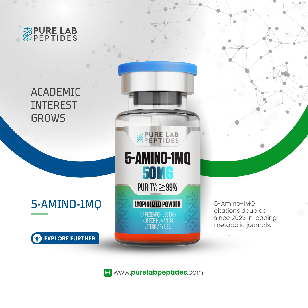 5-Amino_1MQ_50mg_7 A product vial labeled '5-AMINO-1MQ 50MG' with a blue cap, indicating a purity of 99% and intended for research use only. The background features a design of interconnected nodes, and text highlights academic interest in 5-Amino-1MQ, stating citations have doubled since 2023 in metabolic journals.