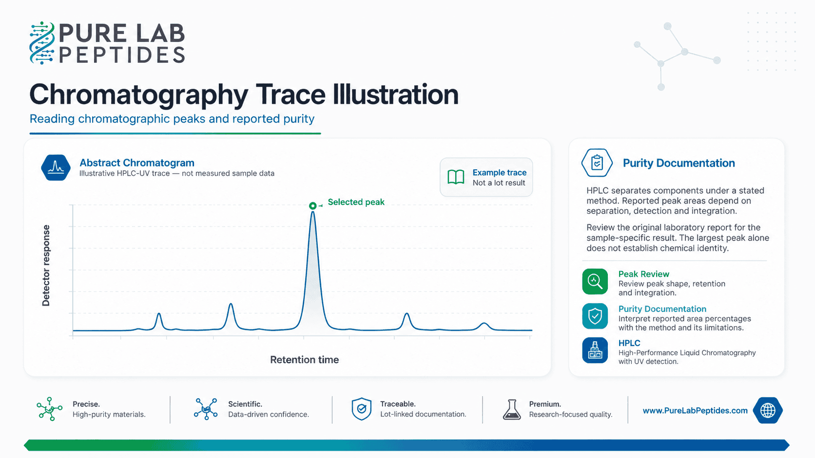 Illustrative chromatographic trace explaining peak review and method-specific purity interpretation.
