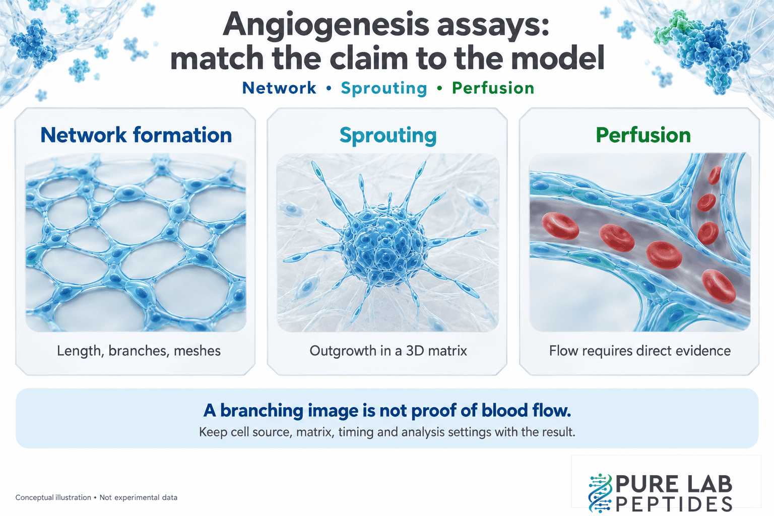 Conceptual comparison of endothelial network formation, three-dimensional sprouting and directly measured perfusion as separate evidence categories; illustrated cells and vessels are schematic.