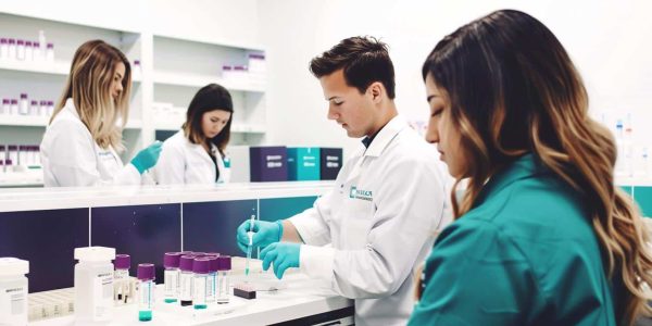 Scientists in lab coats working with samples in a modern laboratory.